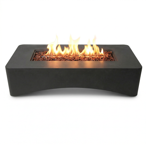 Modern concrete-look rectangular gas fire pit table with lava rocks