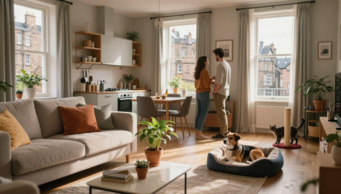 Cozy living room with smart storage, a couple, and their dog and cat relaxing at home